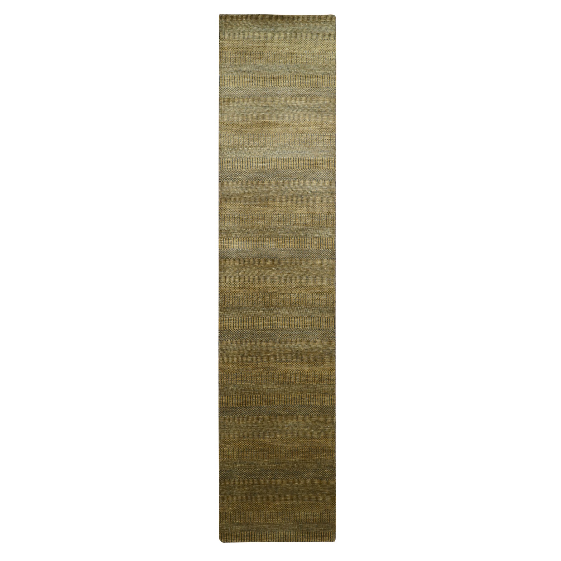 Shades of Brown, Modern Grass Design, Hand Knotted, Denser Weave, Wool and Silk, Soft Pile, Runner, Oriental Rug